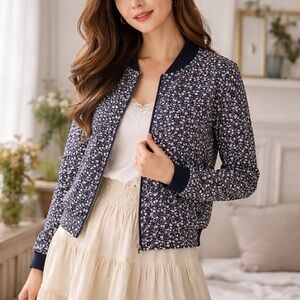 Molly Bracken Navy Ditsy Floral Lightweight Zip Jacket French Girl Cottagecore M